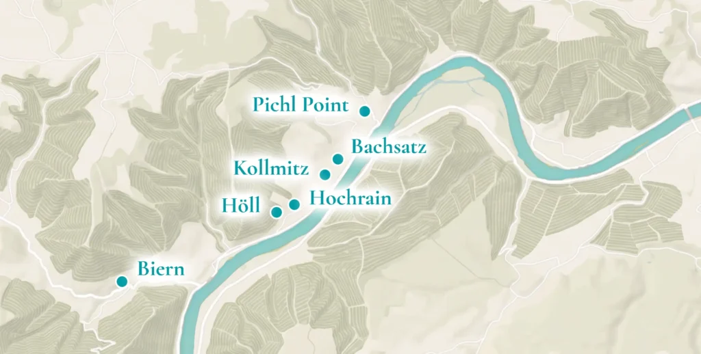 Karte der Wachau mit den Orten Wösendorf, Joching, Weißenkirchen und Dürnstein entlang der Donau.