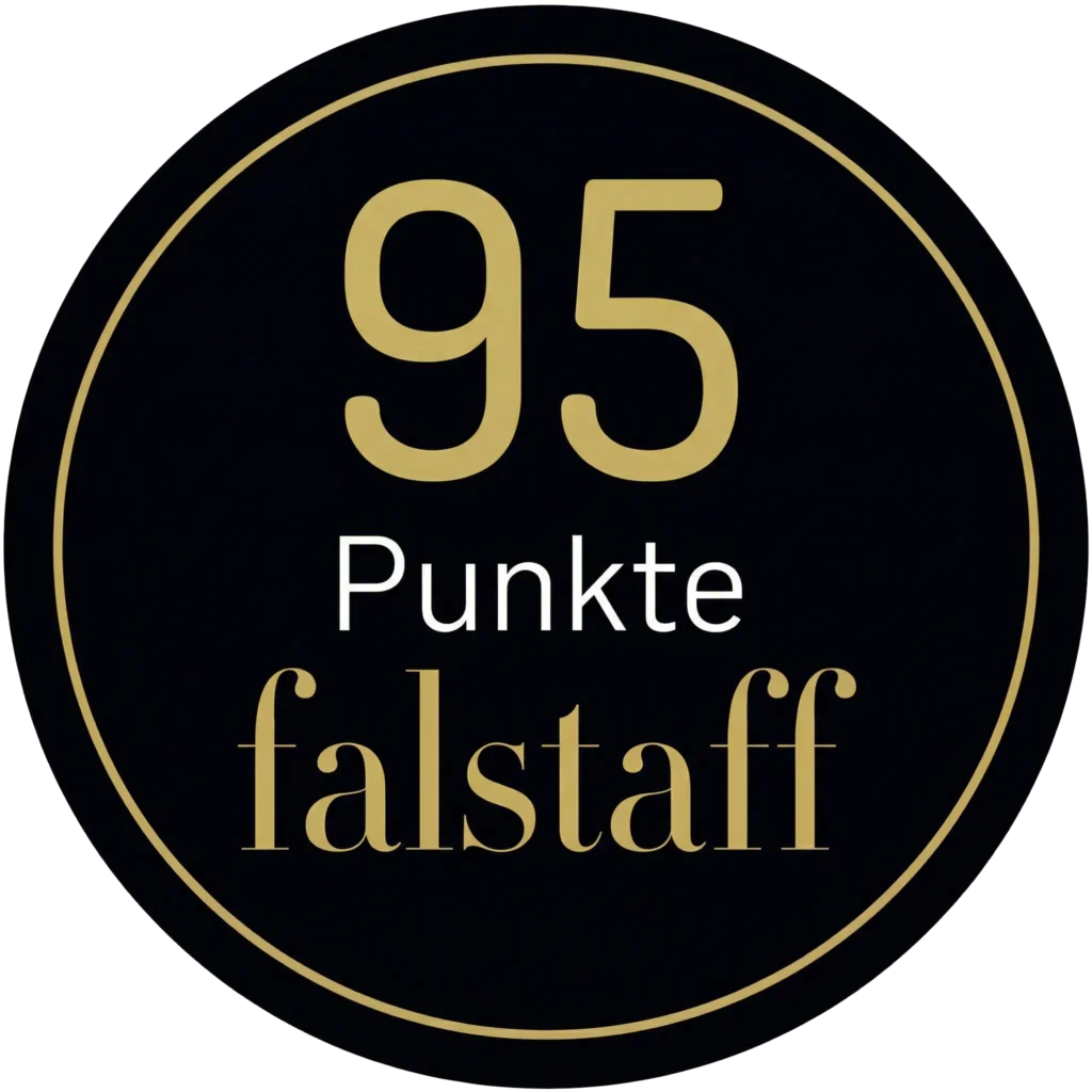 Falstaff Bewertung 95 Punkte in Gold vor schwarzem Hintergrund.